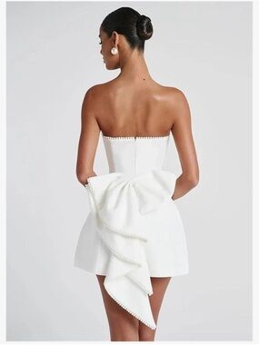 Strapless White Mini Dress with Pearl-Trim Bow